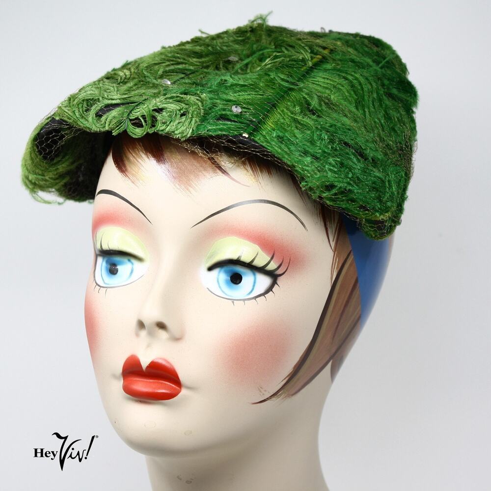 Vintage Green Feather Cocktail Hat MidCentury Fascinator Statement Hat - Hey Viv
